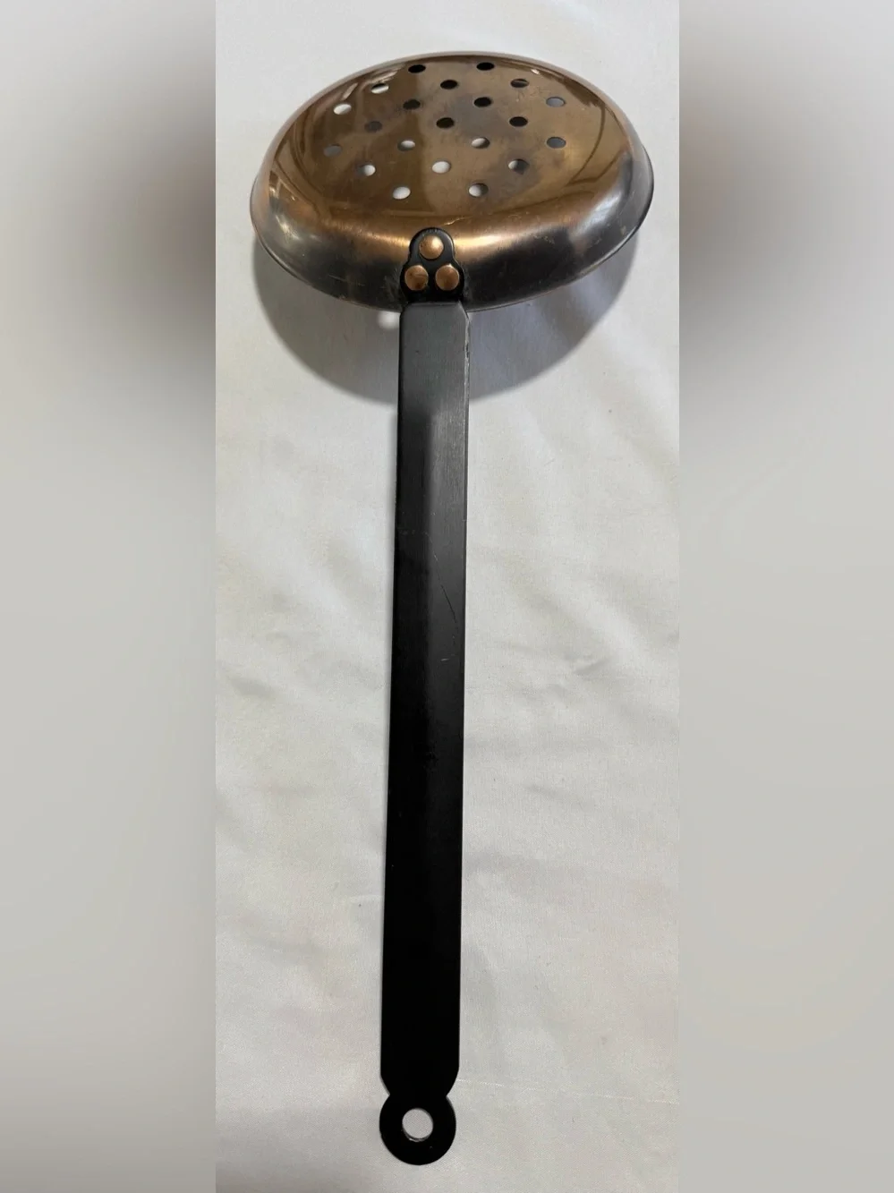 Copper Skimmer Spoon with Black Handle - 16 1/2” Long . Home Dining